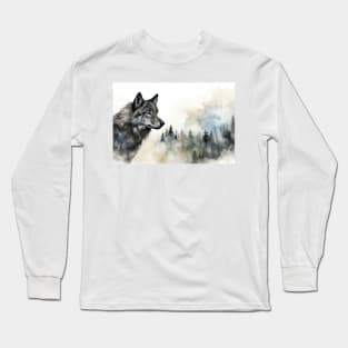 Misty boreal watercolor wolf Long Sleeve T-Shirt